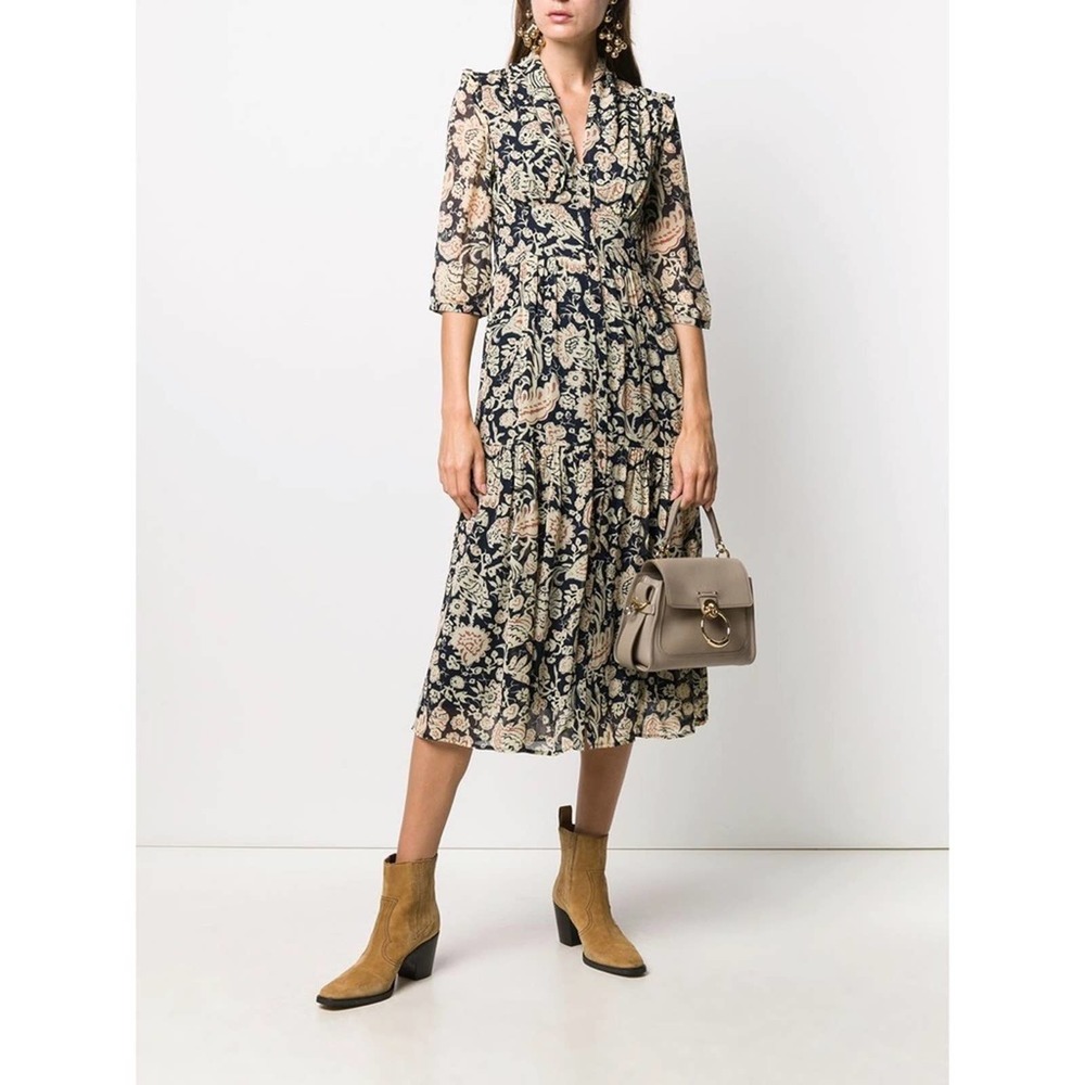 Ba&Sh Aline Midi Dress Floral Flared V-neck Pleated Black Beige Small NWT